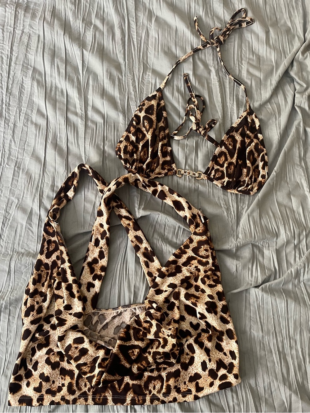 Shein 1XL - 2 pc Leopard Print Halter Crop Top and Triangle Bralette Set